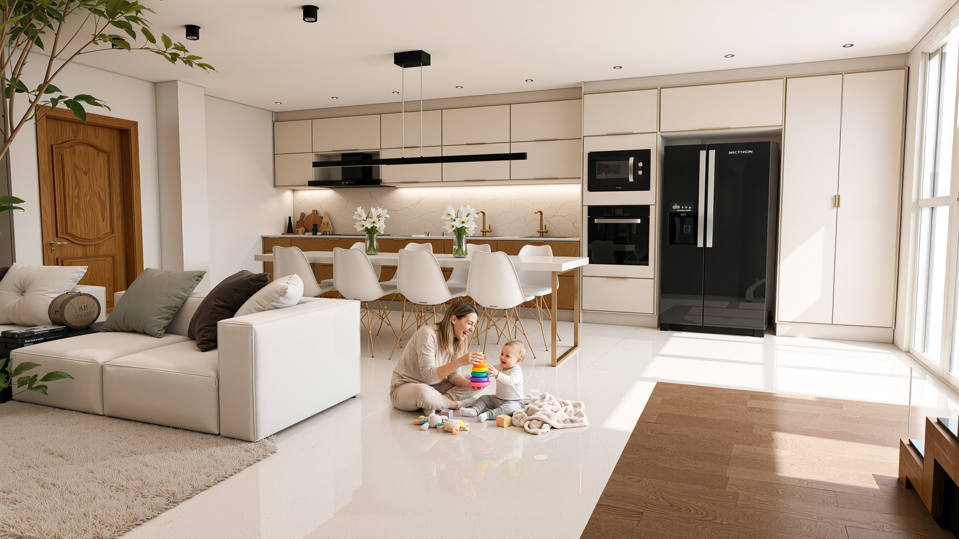 Render de cozinha planejada com foco em luz, material e profundidade